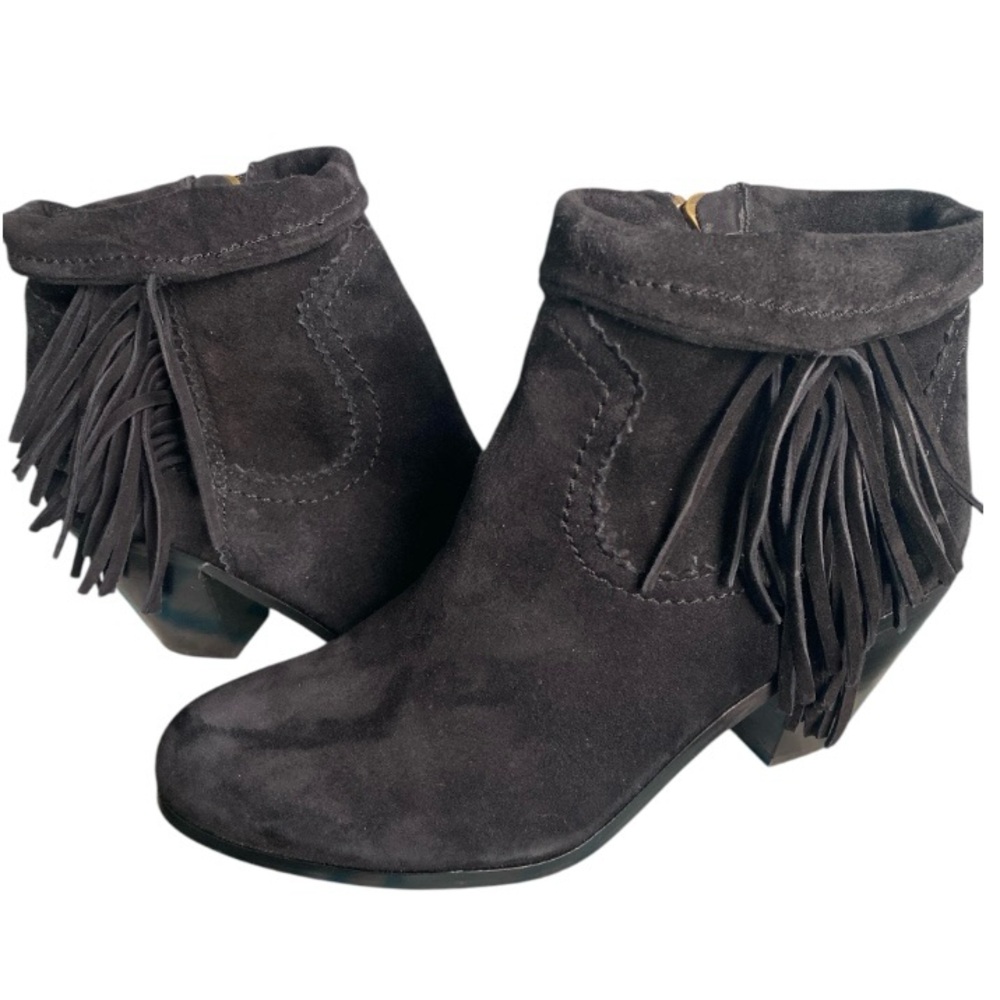 Sam Edelman Louie Ankle Boot Black Suede Fold over cuff fringes Zip Up 8